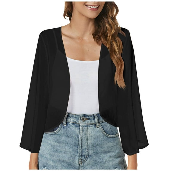 Htigea Women's Beach Kimono Cardigan 3/4 Long Sleeve Sheer Chiffon Cover Ups Casual Loose Open Front Cardigans Tops Black L