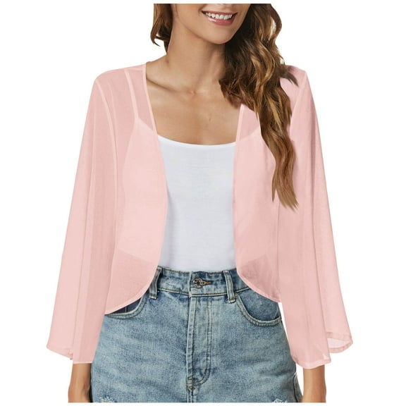 Htigea Women's Beach Kimono Cardigan 3/4 Long Sleeve Sheer Chiffon Cover Ups Casual Loose Open Front Cardigans Tops Pink 2XL