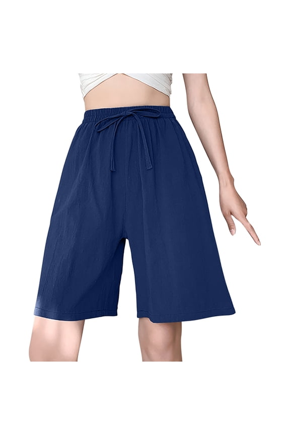 Women's Bermuda Shorts Solid Summer Elastic Waist Drawstring Shorts Casual Straight Leg Short Pants with Pockets Baggy Linen Shorts for Women Time Limited Sale Navy L