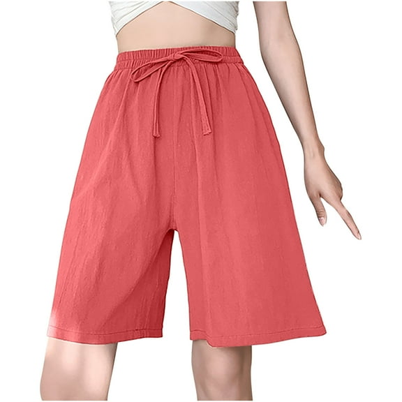 Htigea Women's Bermuda Shorts Solid Summer Elastic Waist Drawstring Shorts Casual Straight Leg Short Pants with Pockets Baggy Linen Shorts for Women Time Limited Sale Orange M