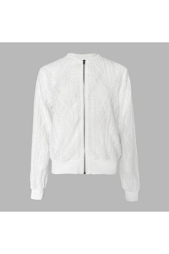 Women's Bomber Jackets Knit Long Sleeve Full Zip Up Coats Solid Color Casual Tops Lightweight Fall Outerwear White L