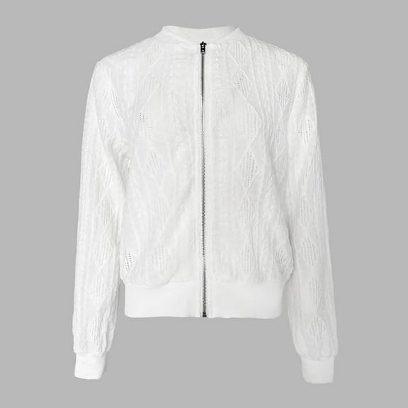 Htigea Women's Bomber Jackets Knit Long Sleeve Full Zip Up Coats Solid Color Casual Tops Lightweight Fall Outerwear White S