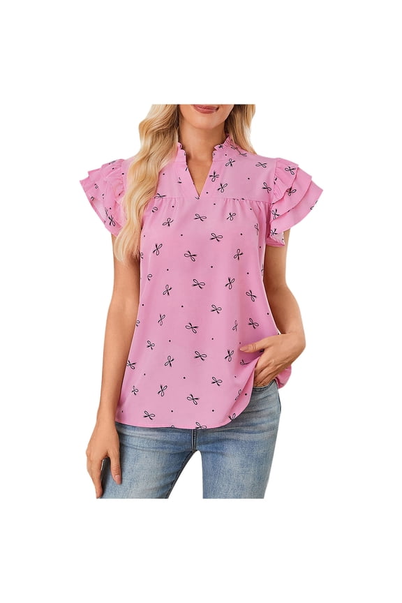 Women's Bow Print T-Shirt Cute Ruffle Short Sleeve Summer Notched V Neck Pleated Blouse Casual Loose Fit Shirts Pink S