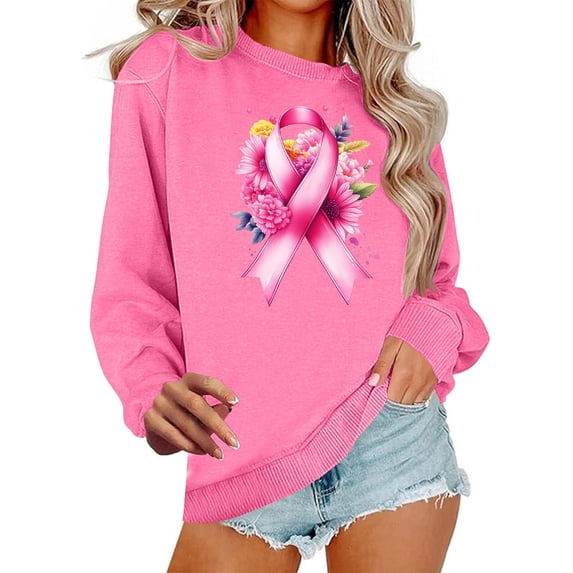 Htigea Women's Breast Cancer Sweatshirts Pink Ribbon Flower Graphic Pullover Long Sleeve Casual Awareness Support Tops Pink XS