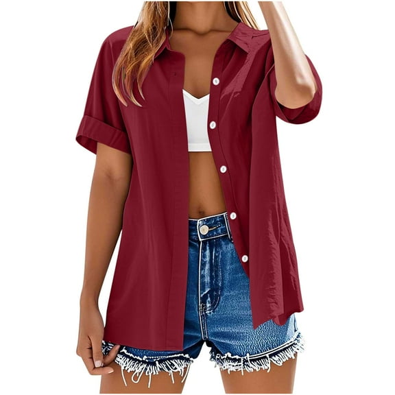 Htigea Women's Button Down Open Front Shirts Cotton Linen Short Sleeve Cardigan Tops Casual Loose Fit Cover Up for Camisole Wine M