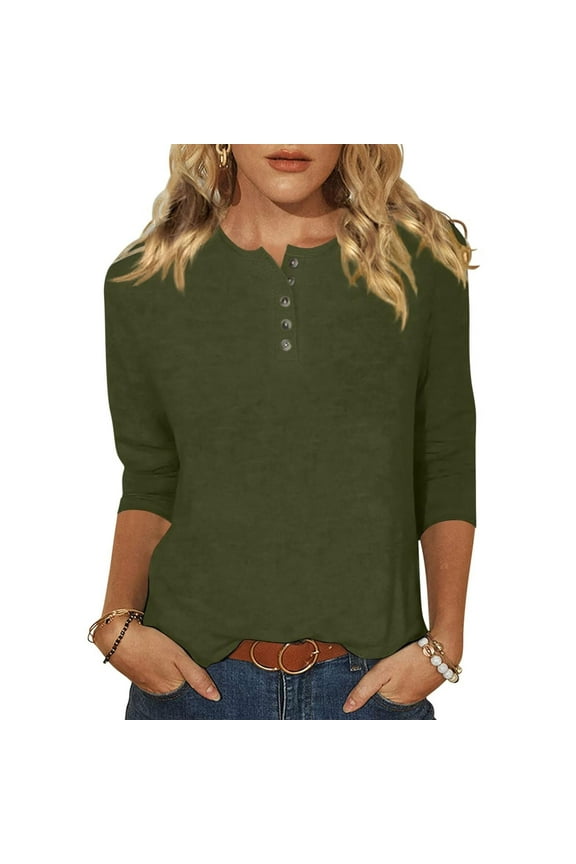 Women's Buttons Henley Shirts Solid 3/4 Sleeve Crew Neck Tshirts Casual Comfy Daily Tees Loose Fit Pullover Tunic Top Army Green,3XL