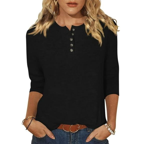 Htigea Women's Buttons Henley Shirts Solid 3/4 Sleeve Crew Neck Tshirts Casual Comfy Daily Tees Loose Fit Pullover Tunic Top Black,S