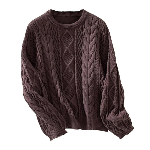 Htigea Women's Cable Knit Sweaters Casual Crew Neck Long Sleeve Tops Loose Fit Pullover Fall Winter Everyday Jumper Coffee L