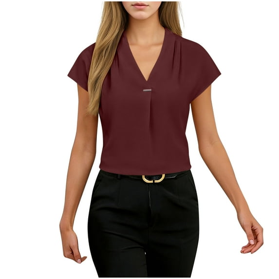 Htigea Women's Cap Sleeve V Neck Shirts Dressy Work T-Shirt Solid Color Summer Business Office Blouses Wine XXL