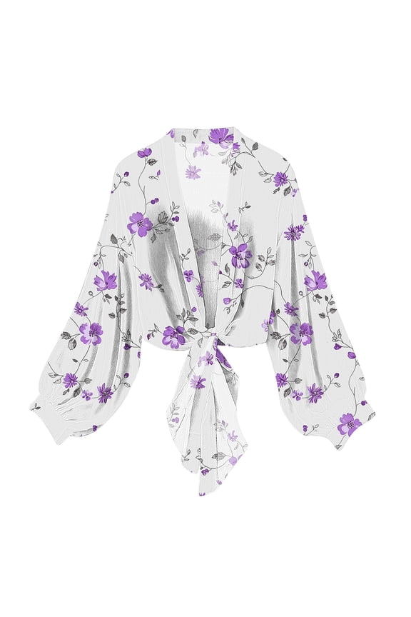 Women's Cardigan Chiffon Long Sleeve Sheer Coat Lightweight Open Front Tie Casual Loose Tops White 2XL