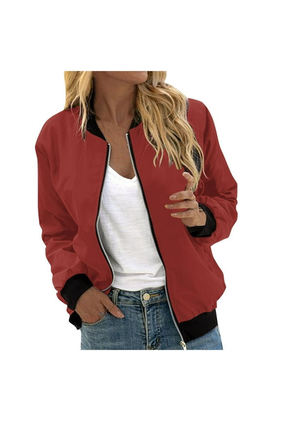 Women's Casual Bomber Jacket Lightweight Windbreaker Jackets Long Sleeve Windproof Spring Fall Coats with Pockets Red XL