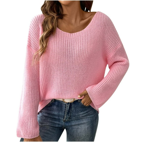 Htigea Women's Casual Sweaters Solid Crew Neck Long Sleeve Top Loose Fit Knit Pullover Soft Cozy Everyday Sweater Pink L