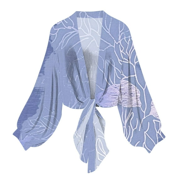 Htigea Women's Chiffon Cardigan Long Sleeve Sheer Shrugs Casual Tie Open Front Shawl Top Boho Beach Cover Ups Light Blue L