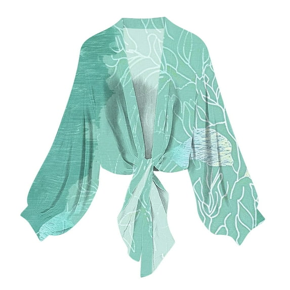 Htigea Women's Chiffon Cardigan Long Sleeve Sheer Shrugs Casual Tie Open Front Shawl Top Boho Beach Cover Ups Mint Green S