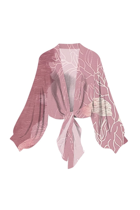 Women's Chiffon Cardigan Long Sleeve Sheer Shrugs Casual Tie Open Front Shawl Top Boho Beach Cover Ups Pink L
