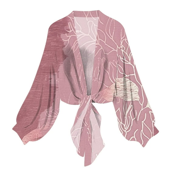 Htigea Women's Chiffon Cardigan Long Sleeve Sheer Shrugs Casual Tie Open Front Shawl Top Boho Beach Cover Ups Pink XL