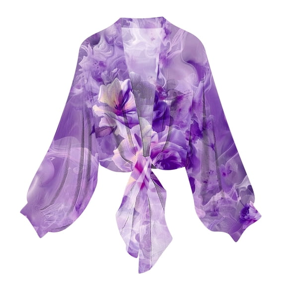 Htigea Women's Chiffon Cardigan Long Sleeve Sheer Shrugs Casual Tie Open Front Shawl Top Boho Beach Cover Ups Purple S