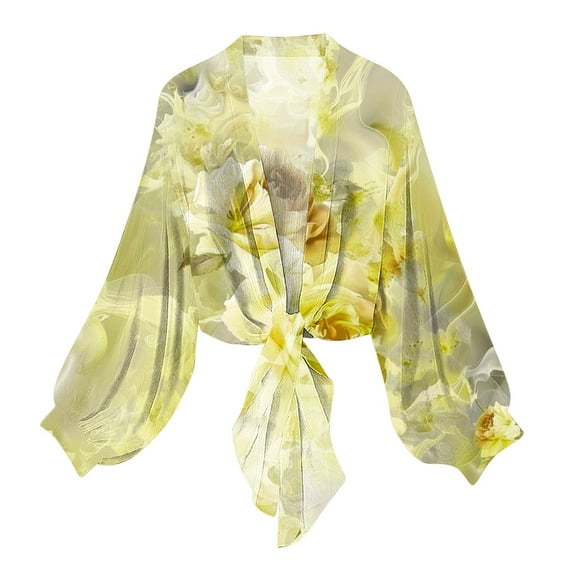 Htigea Women's Chiffon Cardigan Long Sleeve Sheer Shrugs Casual Tie Open Front Shawl Top Boho Beach Cover Ups Yellow L