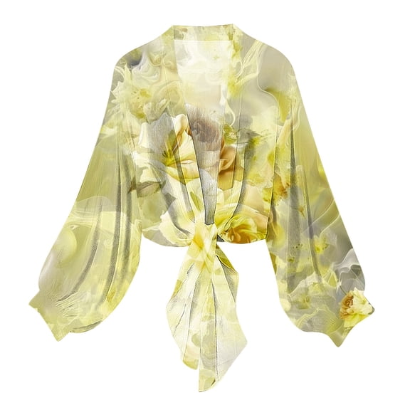 Htigea Women's Chiffon Cardigan Long Sleeve Sheer Shrugs Casual Tie Open Front Shawl Top Boho Beach Cover Ups Yellow M