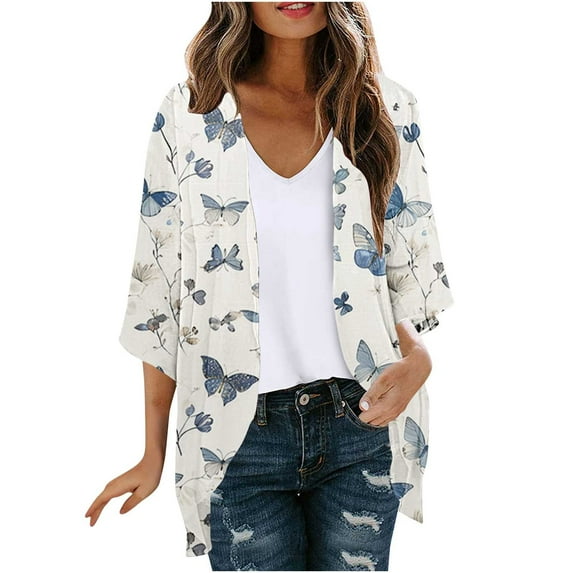Htigea Women's Chiffon Cardigan Vintage 3/4 Sleeve Open Front Cardigans Tops Soft Lightweight Blouses B Multicolor,XXL