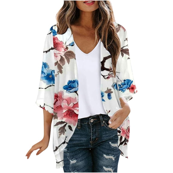 Htigea Women's Chiffon Cardigans Fashion Print 3/4 Sleeve Thin Lightweight Cardigan Tops Open Front Cardigans A White,XXL