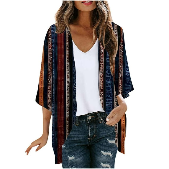 Htigea Women's Chiffon Cardigans Fashion Print 3/4 Sleeve Thin Lightweight Cardigan Tops Open Front Cardigans Multicolor,XL