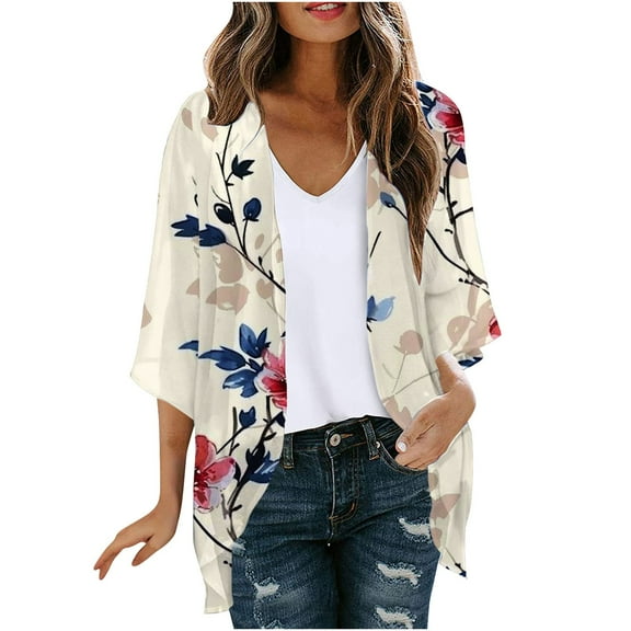Htigea Women's Chiffon Cardigans Fashion Print 3/4 Sleeve Thin Lightweight Cardigan Tops Open Front Cardigans White,XL