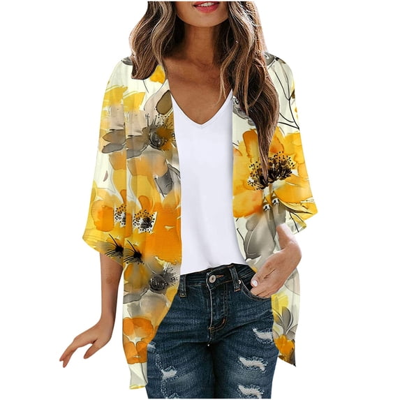 Htigea Women's Chiffon Cardigans Fashion Print 3/4 Sleeve Thin Lightweight Cardigan Tops Open Front Cardigans Yellow,M