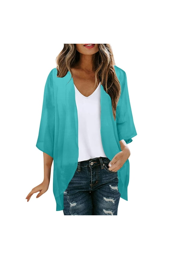 Women's Chiffon Open Front Cardigans Lightweight Kimono 3/4 Sleeve Shawl Tops Soft Cozy Summer Cardigan Blue L