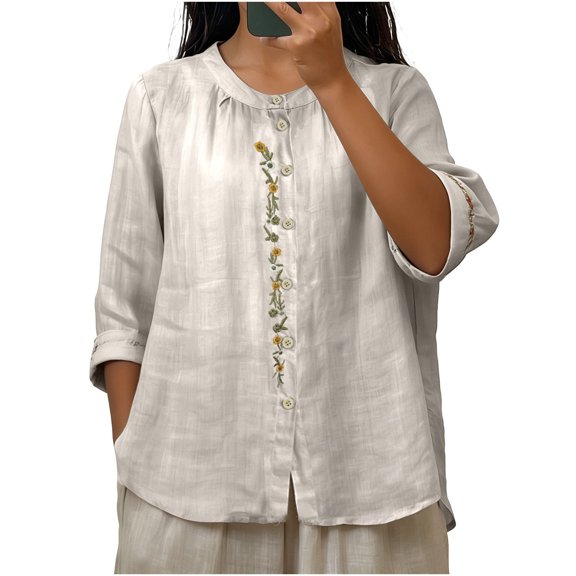 Htigea Women's Chinese Style T-Shirts 3/4 Sleeve Embroidered Tops Casual Loose Fit Tee for Vacation & Everyday Beige L