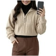 thumbnail image 1 of Htigea Women's Chunky Twist Sweater Quarter Zip Lapel Pullover Cable Knit Long Sleeve Fall Winter Everyday Knitwear Tops Beige S, 1 of 2