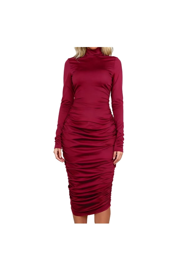 Women's Cocktail Bodycon Dress Long Sleeve Mock Neck Ruched Midi Dress Solid Color Date Night Club Party Outfits Wine XS