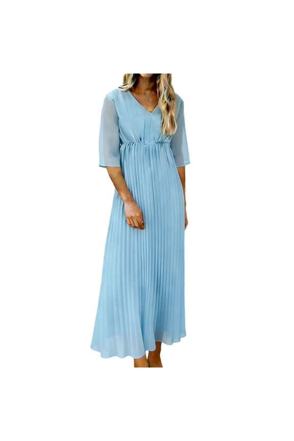 Women's Cocktail Maxi Dresses Half Sleeve V Neck Pleated Long Dresses Flowy Summer Wedding Guest Evening Gown Light Blue S