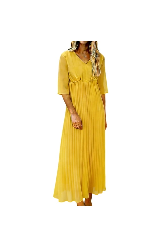 Women's Cocktail Maxi Dresses Half Sleeve V Neck Pleated Long Dresses Flowy Summer Wedding Guest Evening Gown Yellow M