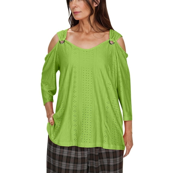Htigea Women's Cold Shoulder Shirts Eyelet 3/4 Sleeve Tops Hollow Out V Neck Pullover Ladies Tunic Blouse for Going Out Green,S