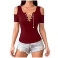 thumbnail image 1 of Htigea Women's Cold Shoulder Short Sleeve Tops Chains V-Neck T-Shirts Summer Trendy Going Out Club Tees Wine S, 1 of 8