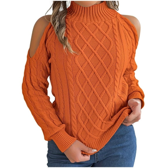 Htigea Women's Cold Shoulder Sweaters Turtleneck Long Sleeve Pullover Solid Fall Cable Knit Jumper Tops Orange S
