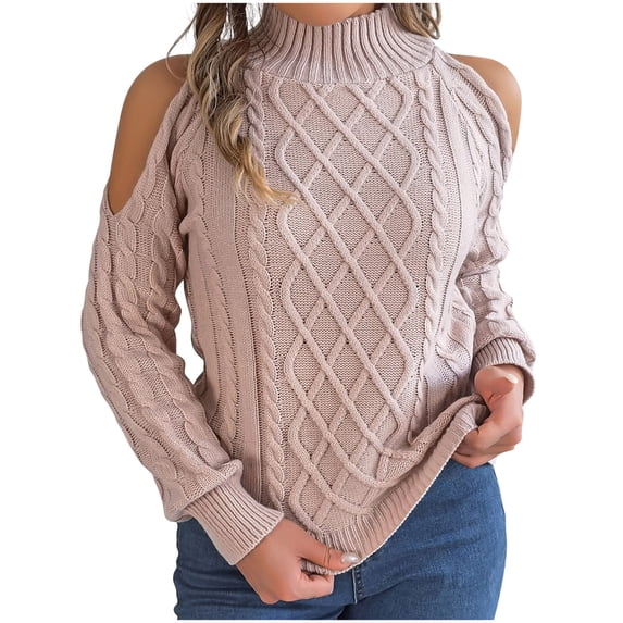 Htigea Women's Cold Shoulder Sweaters Turtleneck Long Sleeve Pullover Solid Fall Cable Knit Jumper Tops Pink S