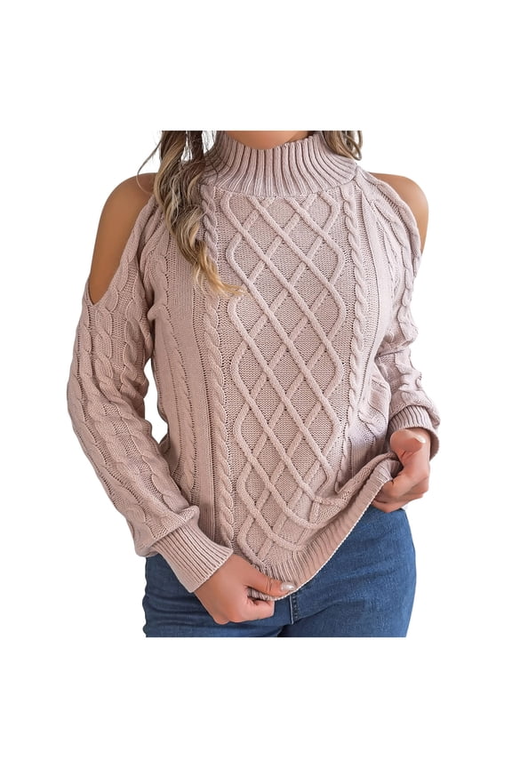 Women's Cold Shoulder Sweaters Turtleneck Long Sleeve Pullover Solid Fall Cable Knit Jumper Tops Pink XL