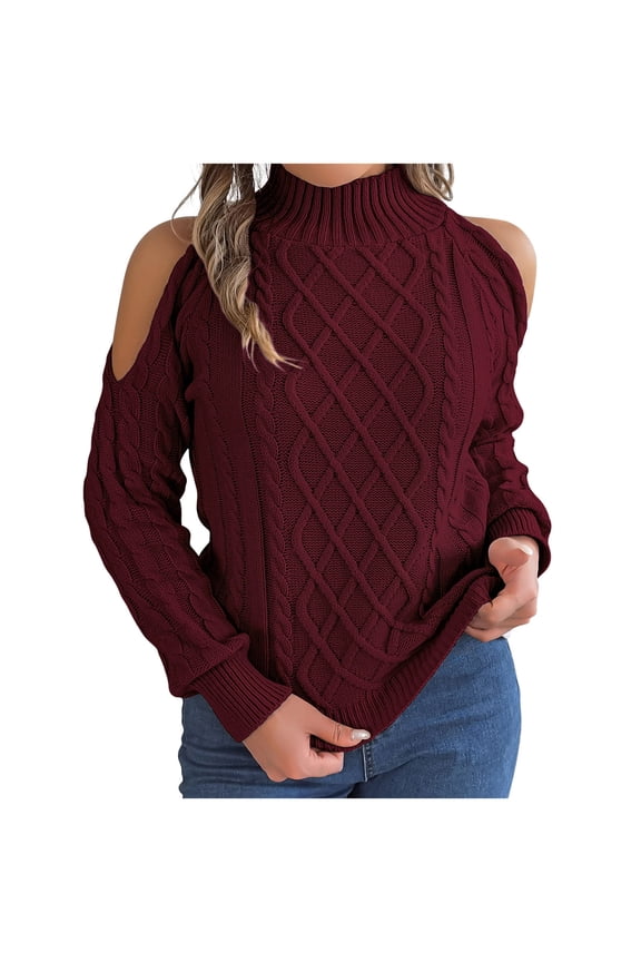 Women's Cold Shoulder Sweaters Turtleneck Long Sleeve Pullover Solid Fall Cable Knit Jumper Tops Wine M