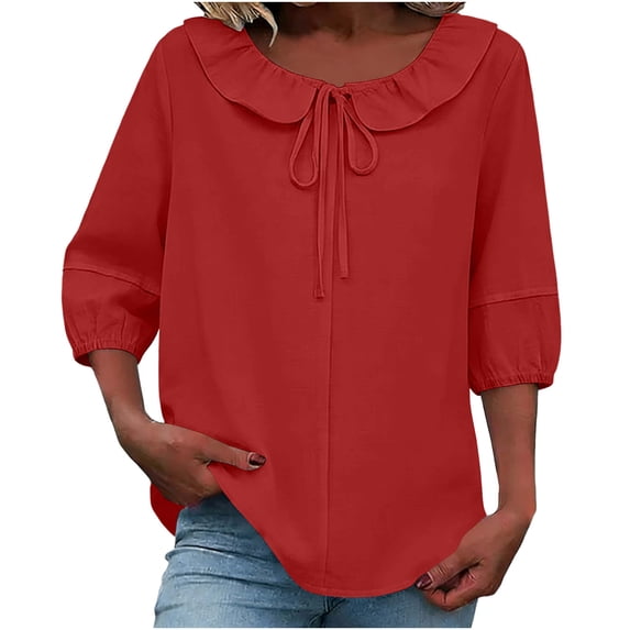 Htigea Women's Collared T-Shirts Cute 3/4 Sleeve Pullover Tops Casual Loose Fit Tees Solid Color Daily Blouses Red XL