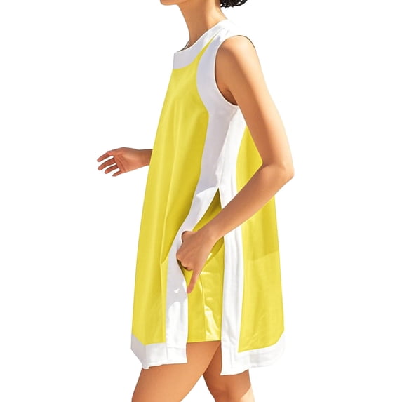 Htigea Women's Color Block 2 Piece Sets Casual Crewneck Short Sleeve Side Split Tops Matching Shorts with Pockets Yellow XXXL