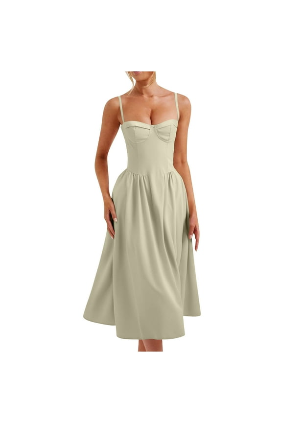 Women’s Corset Dress Elegant Spaghetti Strap Bustier Midi Dress Flowy Pleated Low Cut Evening Party Prom Dresses Coffee,L