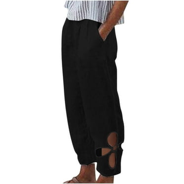 YUGYXL Deals Women's Cotton Linen Pants Summer High Waisted Hollow Out Straight Trousers Solid Color Loose Fit Lounge Pants Soft Comfy Long Pants with Pockets