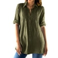 thumbnail image 1 of Htigea Women's Cotton Linen Shirts Pleated V Neck Collared Top Solid Color Button Down Casual Tunic Tee Army Green,S, 1 of 8