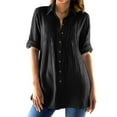 thumbnail image 1 of Htigea Women's Cotton Linen Shirts Pleated V Neck Collared Top Solid Color Button Down Casual Tunic Tee Black,2XL, 1 of 8