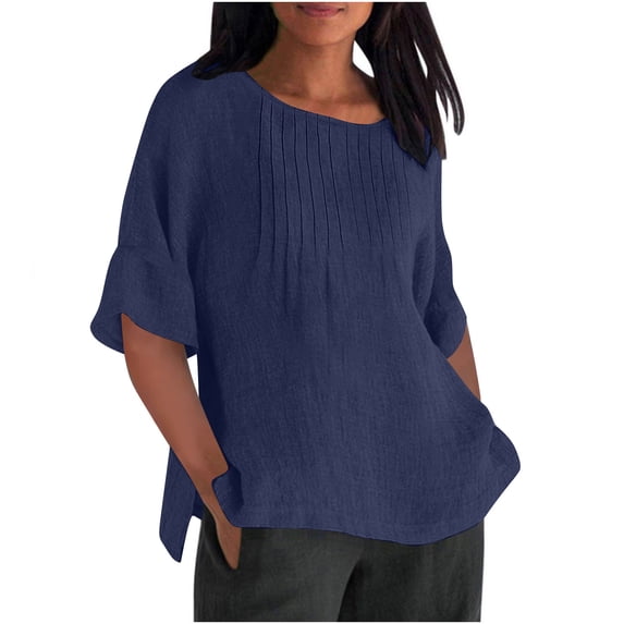 Htigea Women's Cotton Linen T-Shirt Pleated Crewneck Half Sleeve T Shirt Summer Solid Color Tunic Tops Plus Size Beach Vacation Tees Navy S