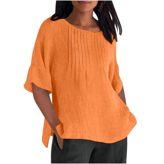 Htigea Women's Cotton Linen T-Shirt Pleated Crewneck Half Sleeve T Shirt Summer Solid Color Tunic Tops Plus Size Beach Vacation Tees Orange XXL