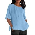 thumbnail image 1 of Htigea Women's Cotton Linen T-Shirt Pleated Crewneck Half Sleeve T Shirt Summer Solid Color Tunic Tops Plus Size Beach Vacation Tees Sky Blue XL, 1 of 4