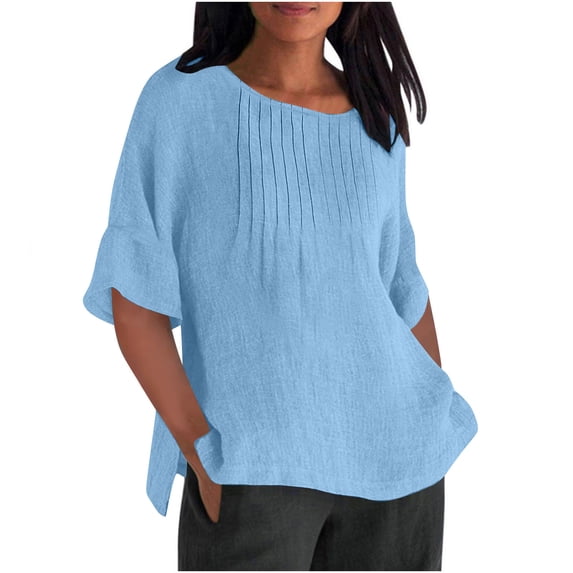 Htigea Women's Cotton Linen T-Shirt Pleated Crewneck Half Sleeve T Shirt Summer Solid Color Tunic Tops Plus Size Beach Vacation Tees Sky Blue XL